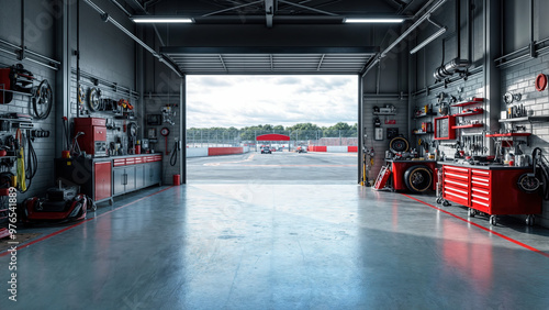 Car service garage with open roller door leading to race track