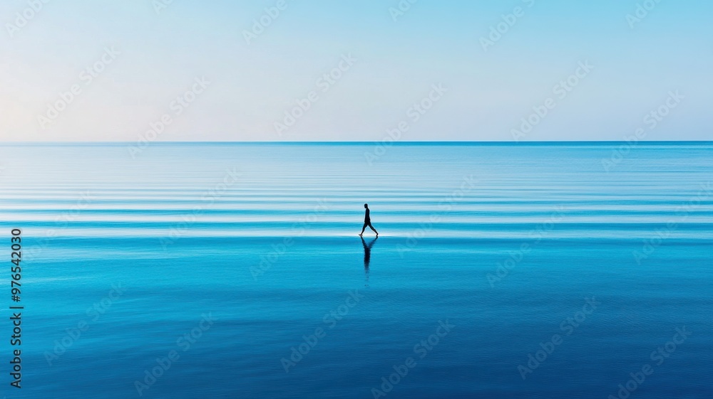 A serene seascape with a solitary figure walking on calm water, surrounded by the tranquil blue hues of the ocean and sky. A serene seascape with a solitary figure walking on calm water, surrounded by the tranquil blue hues of the ocean and sky.