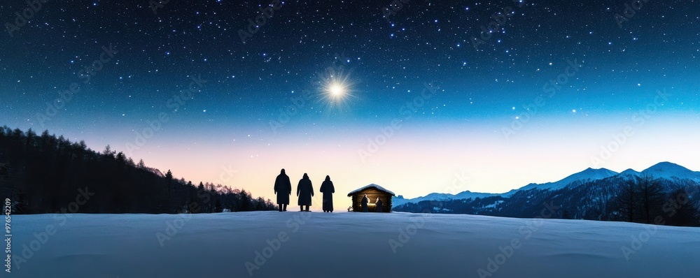 Fototapeta A serene winter landscape under a starry night sky, with silhouettes of people and a cozy cabin amidst snow-covered hills.