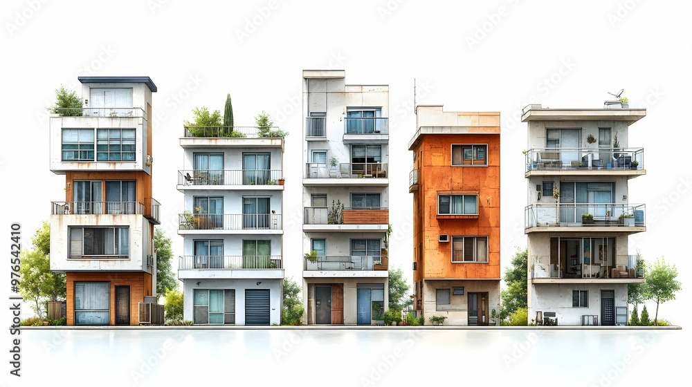 Illustration of Modern Apartment Buildings with Balconies, Trees and Shops Illustration of Modern Apartment Buildings with Balconies, Trees and Shops