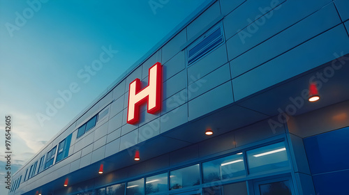 Modern Hospital Exterior Photo - Dusk, Blue, Red H, Windows, Sky, Architecture