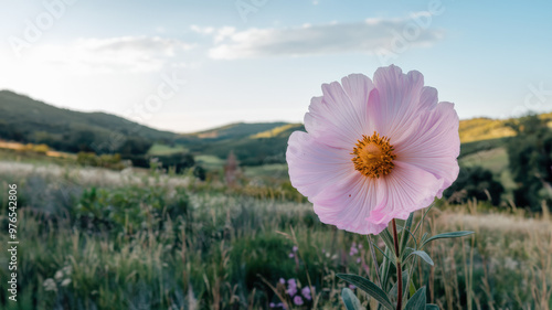A photo with a lot of negative space, featuring a single, large, pink flower with a yellow center. The flower is in full bloom. The background is a serene landscape of rolling hills with lush green