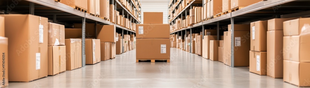 A spacious warehouse aisle filled with neatly stacked cardboard boxes ready for distribution and storage. A spacious warehouse aisle filled with neatly stacked cardboard boxes ready for distribution and storage.