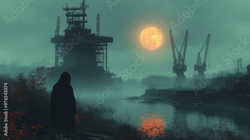 Haunting Night at Abandoned Shipyard â€“ Ghostly Figure, Rusty Cranes, Moonlit Shadows, Ominous Atmosphere