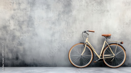 A bicycle is parked in front of a wall. The bike is leaning against the wall and has a basket on the back. The wall is made of concrete and has a grayish color photo