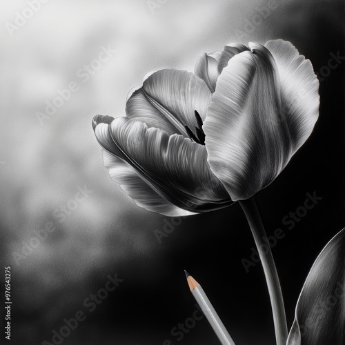A black and white drawing of a flower with a pencil next to it. The flower is the main focus of the image, and the pencil adds a sense of depth and texture to the drawing