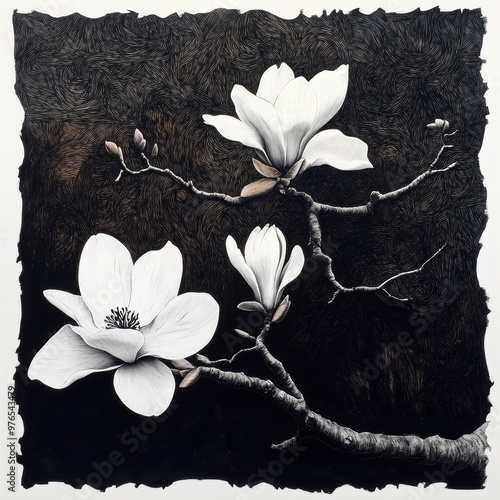 A black and white painting of three white flowers on a branch. The painting has a moody and serene feel to it, with the flowers appearing to be in a peaceful and tranquil setting