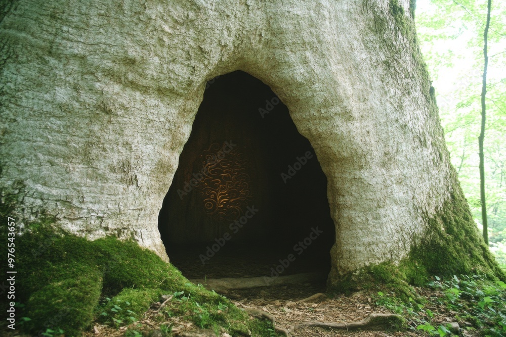 Mystical Forest Hideaway with Glowing Door in Ancient Tree Mystical Forest Hideaway with Glowing Door in Ancient Tree