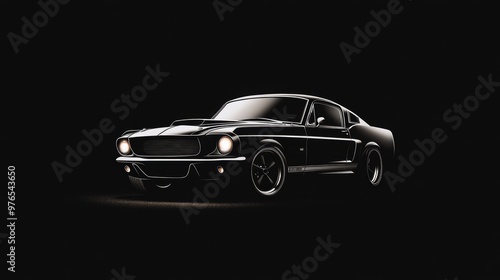 A black car is parked in the dark. The car is a classic and has a vintage look