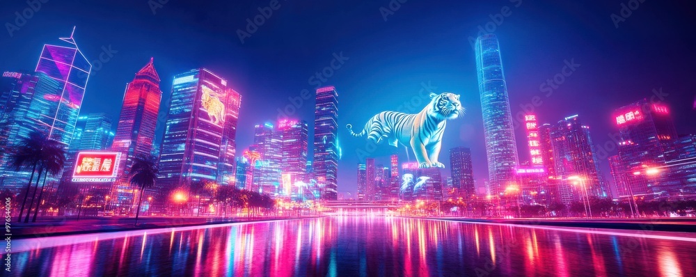 A vibrant city skyline illuminated by neon lights, featuring a striking holographic tiger and reflections in the water. A vibrant city skyline illuminated by neon lights, featuring a striking holographic tiger and reflections in the water.