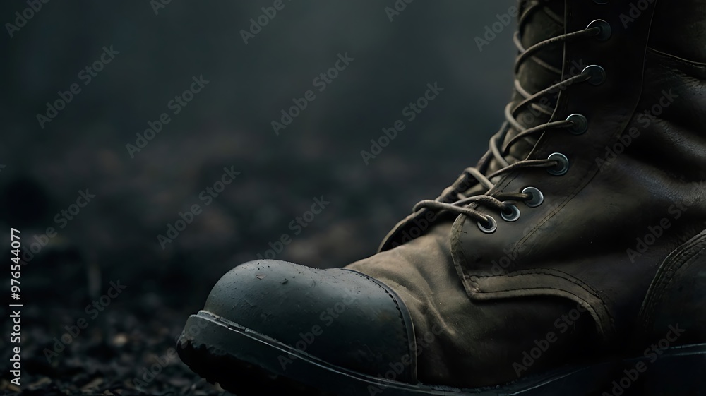 Detailed close-up of a sturdy military outdoor boot in a dark, muddy environment, representing toughness, durability, and the rugged spirit required to navigate challenging, rough terrains. Detailed close-up of a sturdy military outdoor boot in a dark, muddy environment, representing toughness, durability, and the rugged spirit required to navigate challenging, rough terrains.
