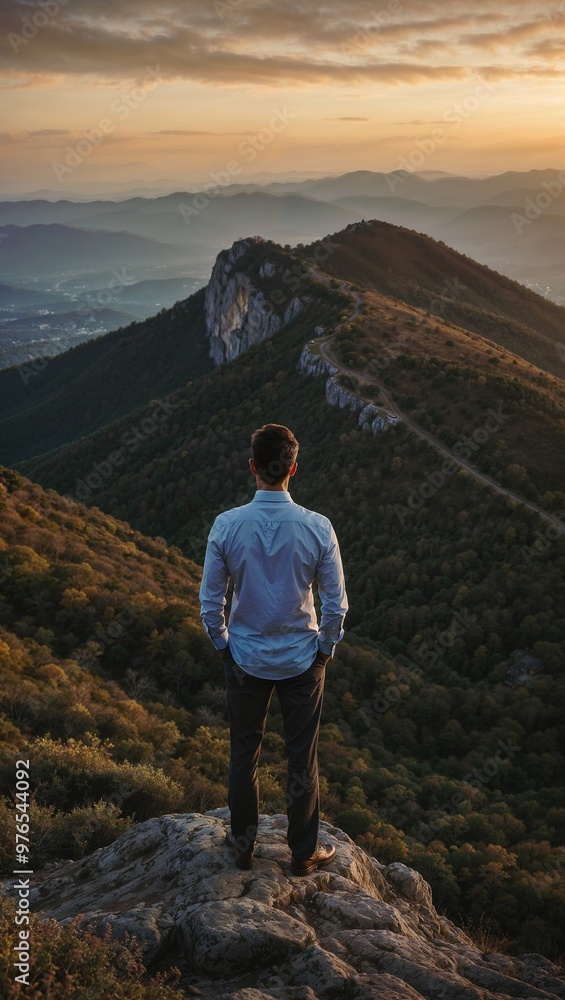Fototapeta premium Businessman at the top, celebrating his success with a breathtaking view.