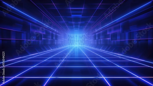 Futuristic glowing blue and purple neon grid tunnel background.