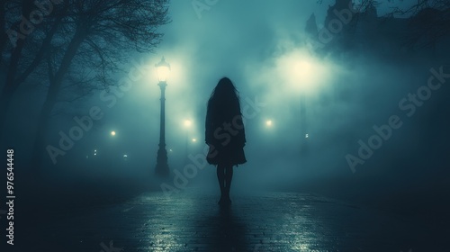 Mysterious Ghostly Figure in Foggy Night Street - Eerie Urban Scene with Haunting Presence