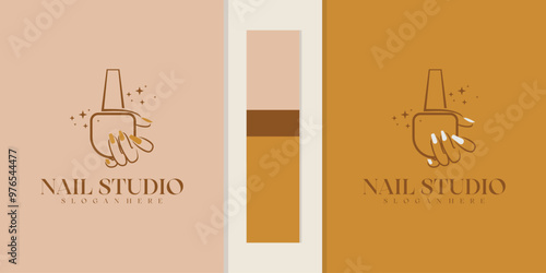 Collection of Nail studio Logos, nail salons, nail polish bottles with branches, and women's hands