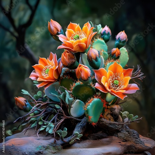 A bouquet of orange flowers with green leaves. The flowers are arranged in a vase on a rock