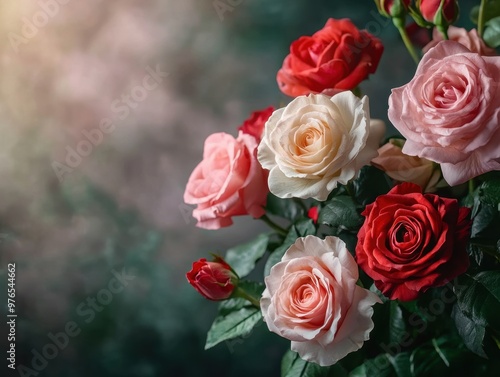 A bouquet of roses in a vase with a green background. The roses are of different colors, including pink, white, and red. The arrangement is full and vibrant, creating a sense of warmth and beauty