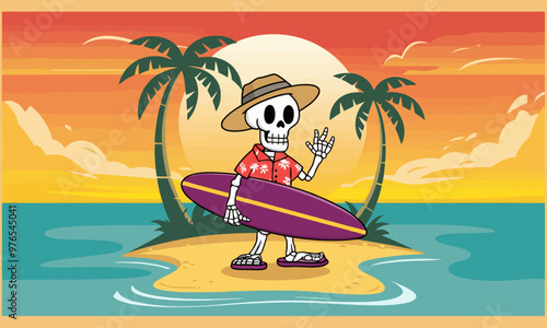 Skeleton surfer with a hat and surfboard on a tropical beach at sunset