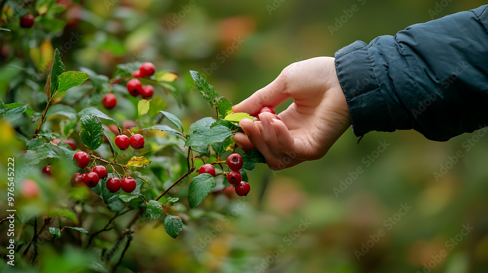 A person harvesting wild berries from a bush in a forest, highlighting the abundance of edible plants in North America A person harvesting wild berries from a bush in a forest, highlighting the abundance of edible plants in North America