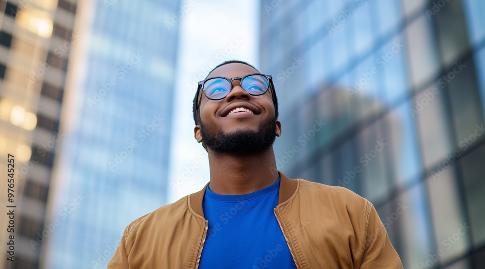 Man in Glasses Smiling and Looking Up Near Glass Building in Cityscape Man in Glasses Smiling and Looking Up Near Glass Building in Cityscape