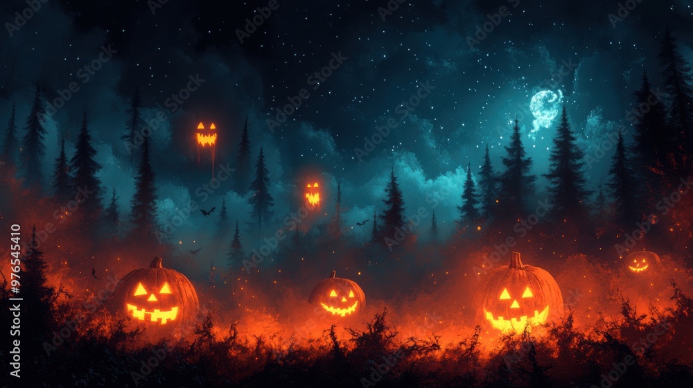 Enchanted Halloween Night: Spooky Forest with Glowing Pumpkins and Ghostly Figure in Misty Atmosphere Enchanted Halloween Night: Spooky Forest with Glowing Pumpkins and Ghostly Figure in Misty Atmosphere