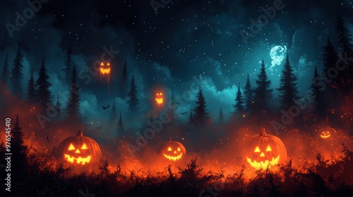 Enchanted Halloween Night: Spooky Forest with Glowing Pumpkins and Ghostly Figure in Misty Atmosphere