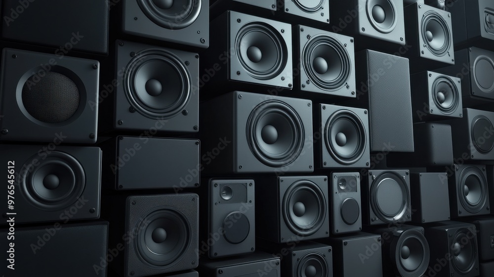 A visually striking arrangement of black speakers creating a textured wall, perfect for audio and music-themed projects. A visually striking arrangement of black speakers creating a textured wall, perfect for audio and music-themed projects.