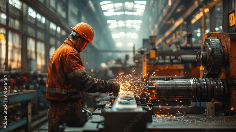 Dedicated Factory Worker Operating Industrial Machine with Sparking Metal, Early Morning Sunlight Filtered through Windows Dedicated Factory Worker Operating Industrial Machine with Sparking Metal, Early Morning Sunlight Filtered through Windows