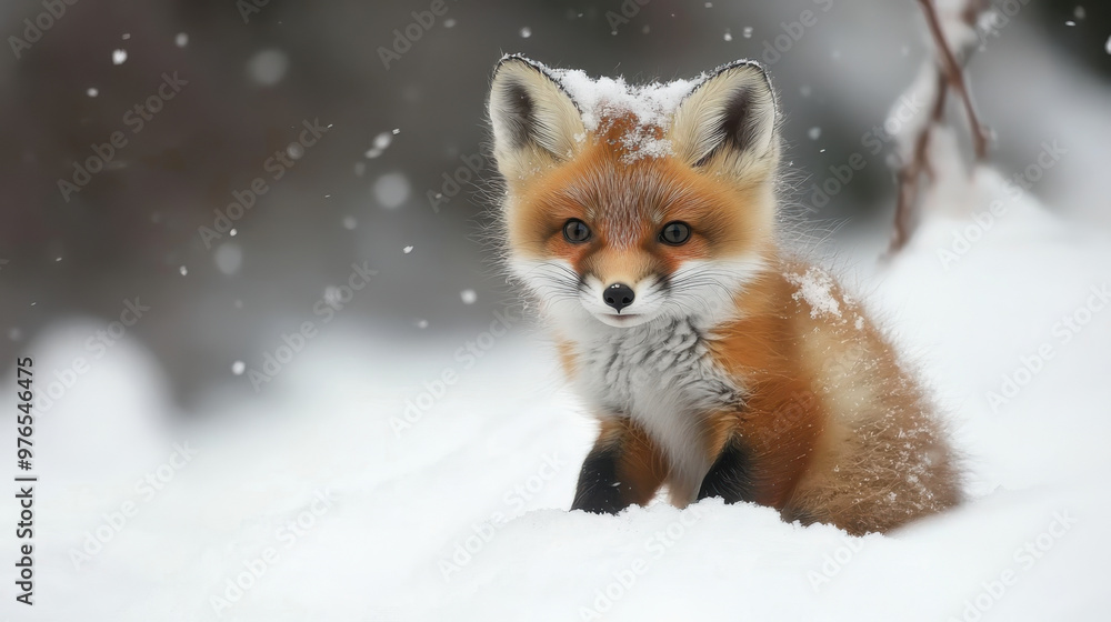 Obraz premium Brown fox cubs in the snow field winter spread