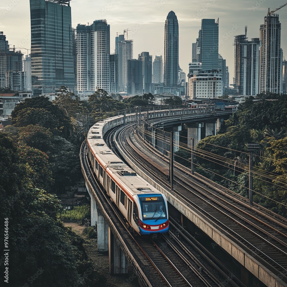 Naklejka premium Jakarta MRT train speeds along its elevated tracks, capturing the dynamic nature of the city's modern transportation system