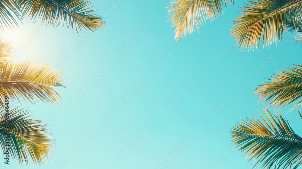 Tropical Palm Leaves Against Blue Sky with Copy Space Tropical Palm Leaves Against Blue Sky with Copy Space