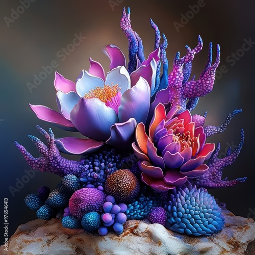 A colorful bouquet of flowers with purple and pink petals. The flowers are arranged in a way that they look like they are growing out of the ground. Scene is vibrant and lively