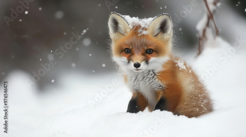 Brown fox cubs in the snow field winter spread