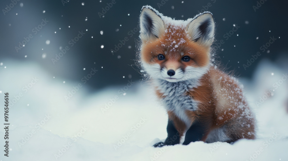 Fototapeta premium Brown fox cubs in the snow field winter spread