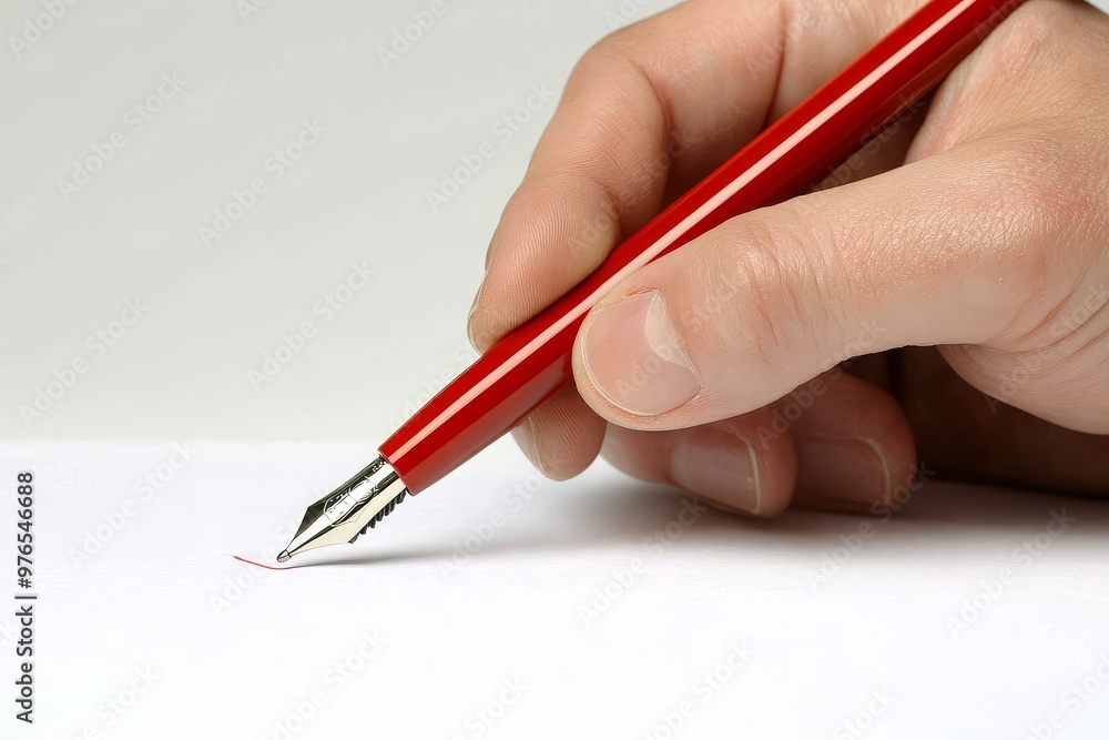 Closeup of a hand signing a document with a red pen, symbolizing agreement, contract, signature, authorization, and commitment. Closeup of a hand signing a document with a red pen, symbolizing agreement, contract, signature, authorization, and commitment.