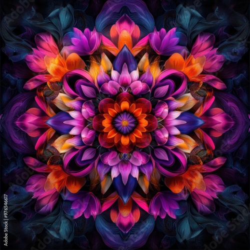 A colorful flower with a purple center and orange petals. The flower is surrounded by a pattern of other flowers and leaves. Scene is vibrant and cheerful