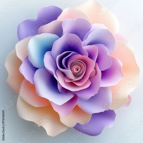 A colorful flower with purple, pink, and orange petals. The flower is made of paper and has a unique design