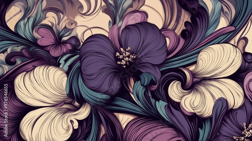 A colorful flower with purple and white petals. The flower is surrounded by a pattern of swirls and lines