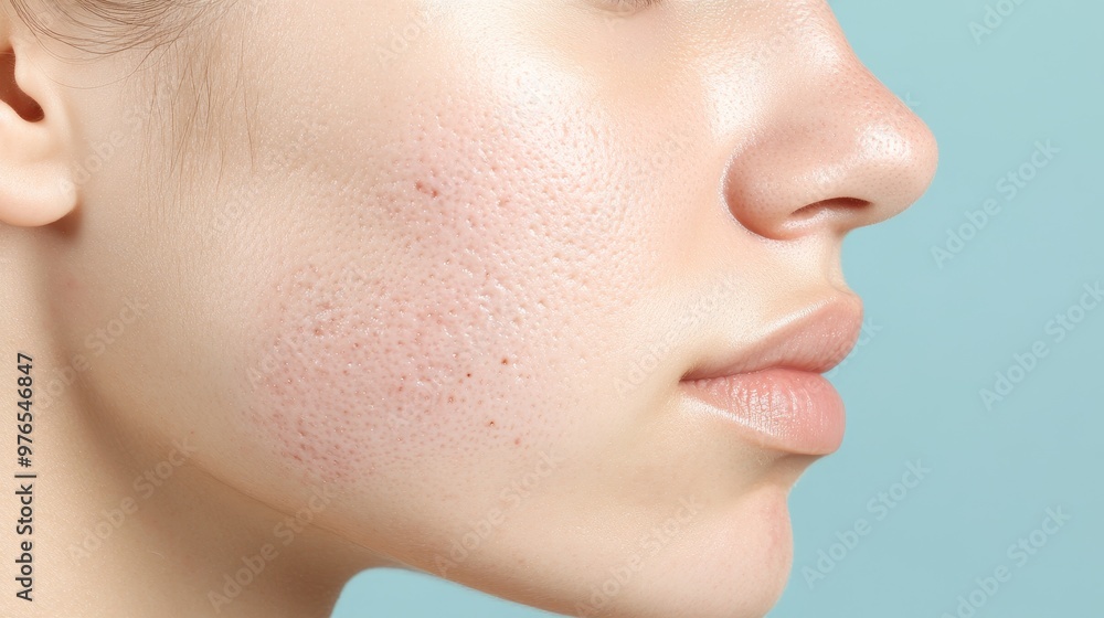 Close-up of Acne Scars on a Person's Face - A photograph showcasing the texture of acne scars on a woman's face. The image highlights the uneven skin surface, redness, and potential for skin care. Close-up of Acne Scars on a Person's Face - A photograph showcasing the texture of acne scars on a woman's face. The image highlights the uneven skin surface, redness, and potential for skin care.