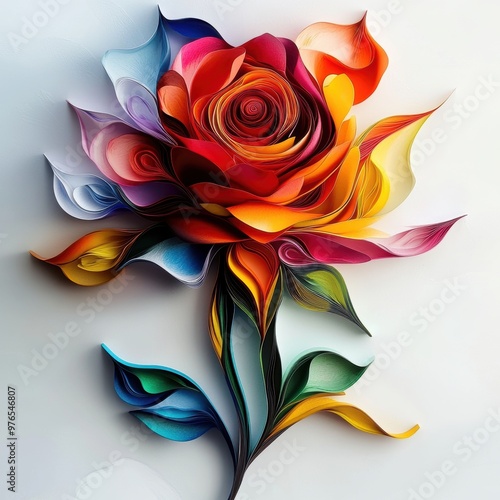 A colorful paper rose with a green stem. The rose is made of different colored paper and has a unique design