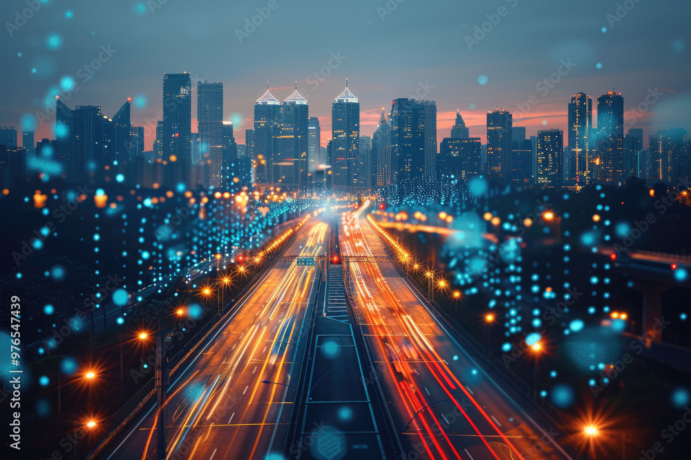 Fototapeta premium At night, the light trajectory of the taillights of fast-moving vehicles on city roads