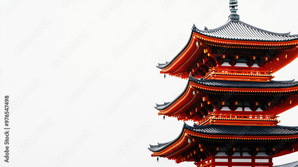 A vibrant red and black pagoda tower against a bright white sky, showcasing traditional Asian architecture with intricate details and multiple tiers.