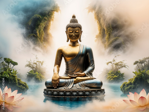 Ai generative picture of golden buddha statue in meditation pose is enshrined in a peaceful water garden. photo