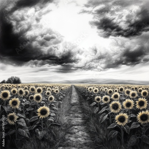 A field of sunflowers with a path through it. The sky is cloudy and the sun is not visible