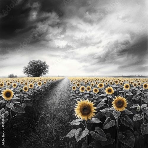 A field of sunflowers with a tree in the foreground. The sky is cloudy and the sun is not visible