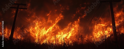 A fire is burning in a field with a lot of power lines. The fire is very large and is spreading quickly
