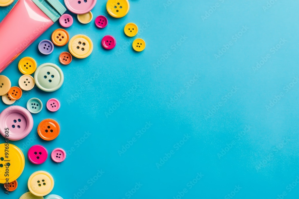 Fototapeta premium Colorful buttons and a pink tube of paint on a blue background, creating a vibrant and playful composition. The image symbolizes creativity, childhood, fun, and craft projects.