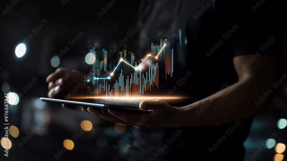 Fototapeta premium Businessman holding the glow light Data digital marketing graph in dark background. 3D illustration in Technology concepts, --ar 16:9 --q 2 --s 50 -