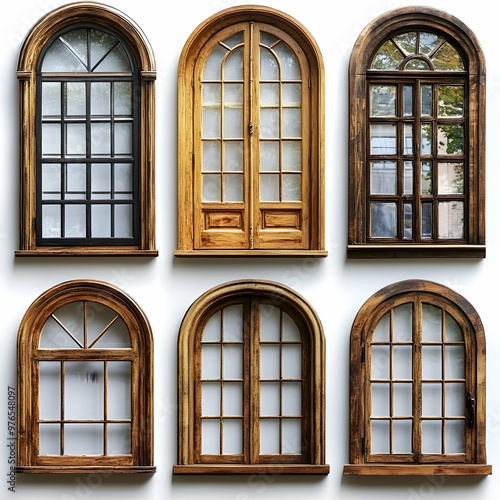 Six Arched Wooden Windows Illustration