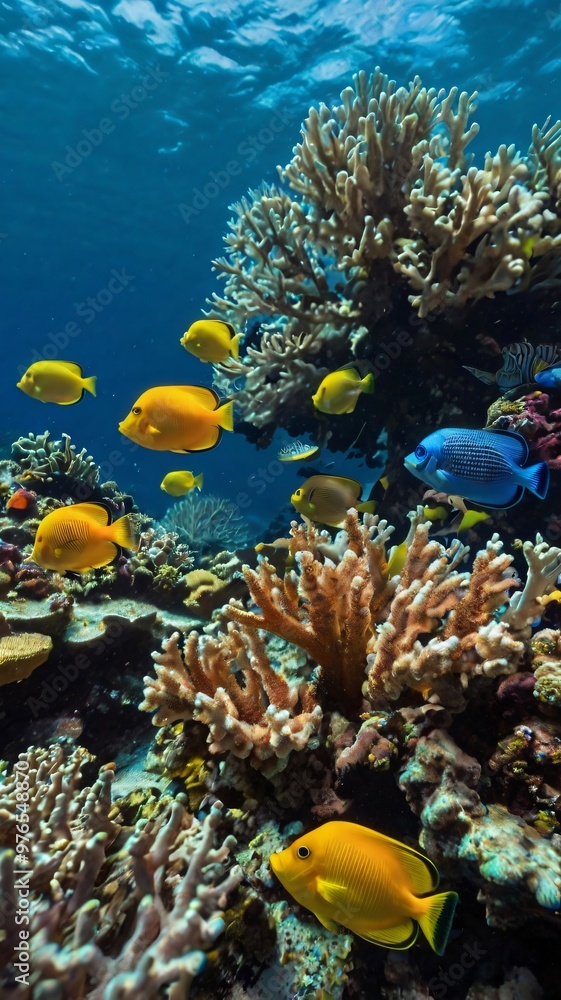 Fototapeta premium Colorful tropical fish swimming among vibrant coral reefs in clear blue waters of the ocean